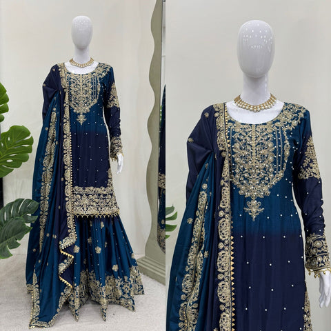Party Navy Blue Color Chinon Silk And Coding Dori With Sequence With Rivet Moti Beautiful Sharara Suit