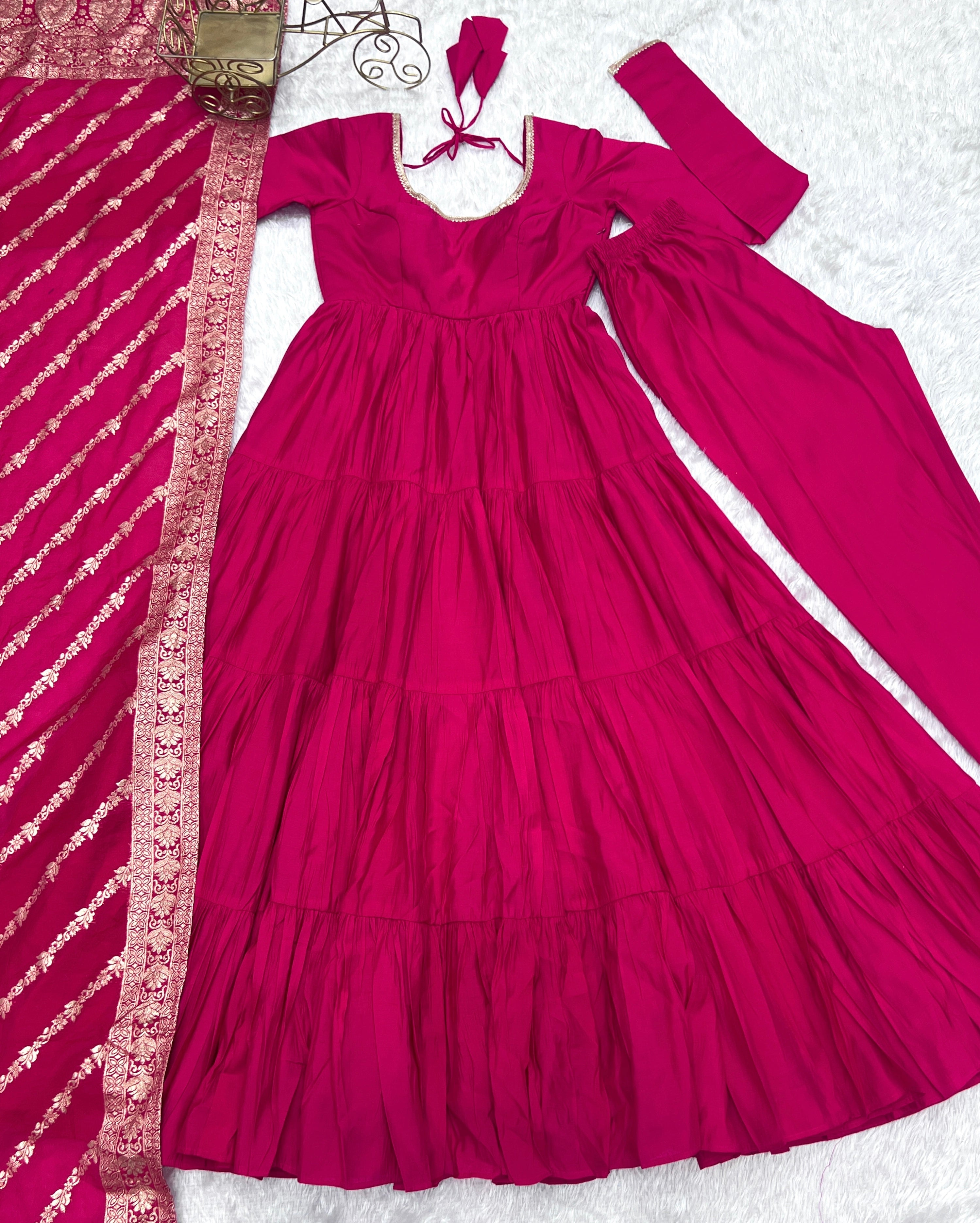 Presenting Pink Color Pure Roman Silk Chanderi Fabric Fully Flair Anarkali Gown With Dupatta