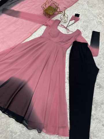 Luxuriant Peach And Black Color Heavy Pure Soft Faux Georgette Designer Anarkali Gown