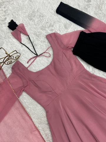 Luxuriant Peach And Black Color Heavy Pure Soft Faux Georgette Designer Anarkali Gown
