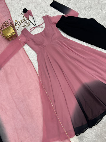 Luxuriant Peach And Black Color Heavy Pure Soft Faux Georgette Designer Anarkali Gown