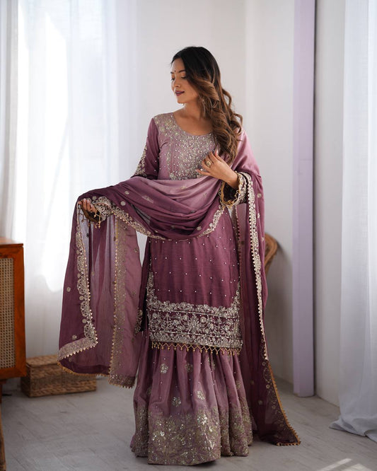 Occasion Dark Purple Color Chinon Silk And Coding Dori With Sequence With Rivet Moti Beautiful Sharara Suit