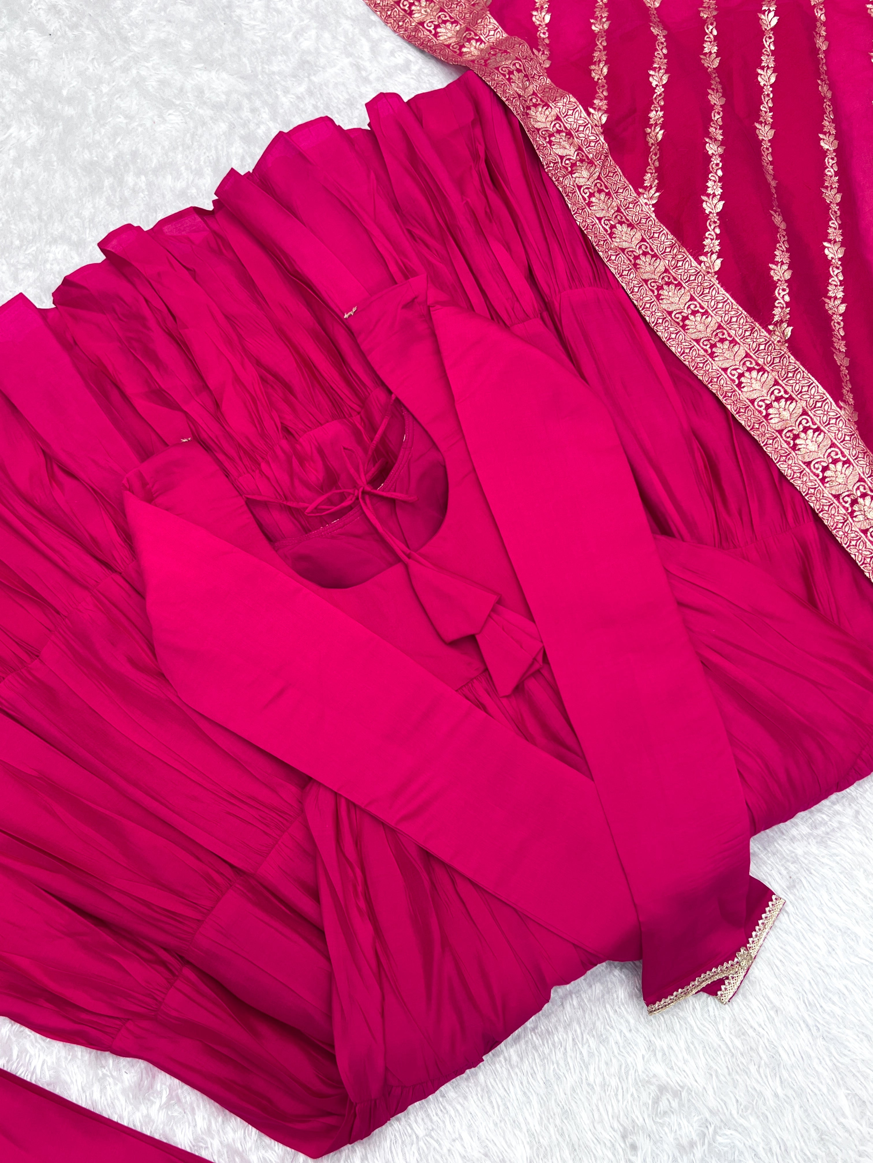 Presenting Pink Color Pure Roman Silk Chanderi Fabric Fully Flair Anarkali Gown With Dupatta