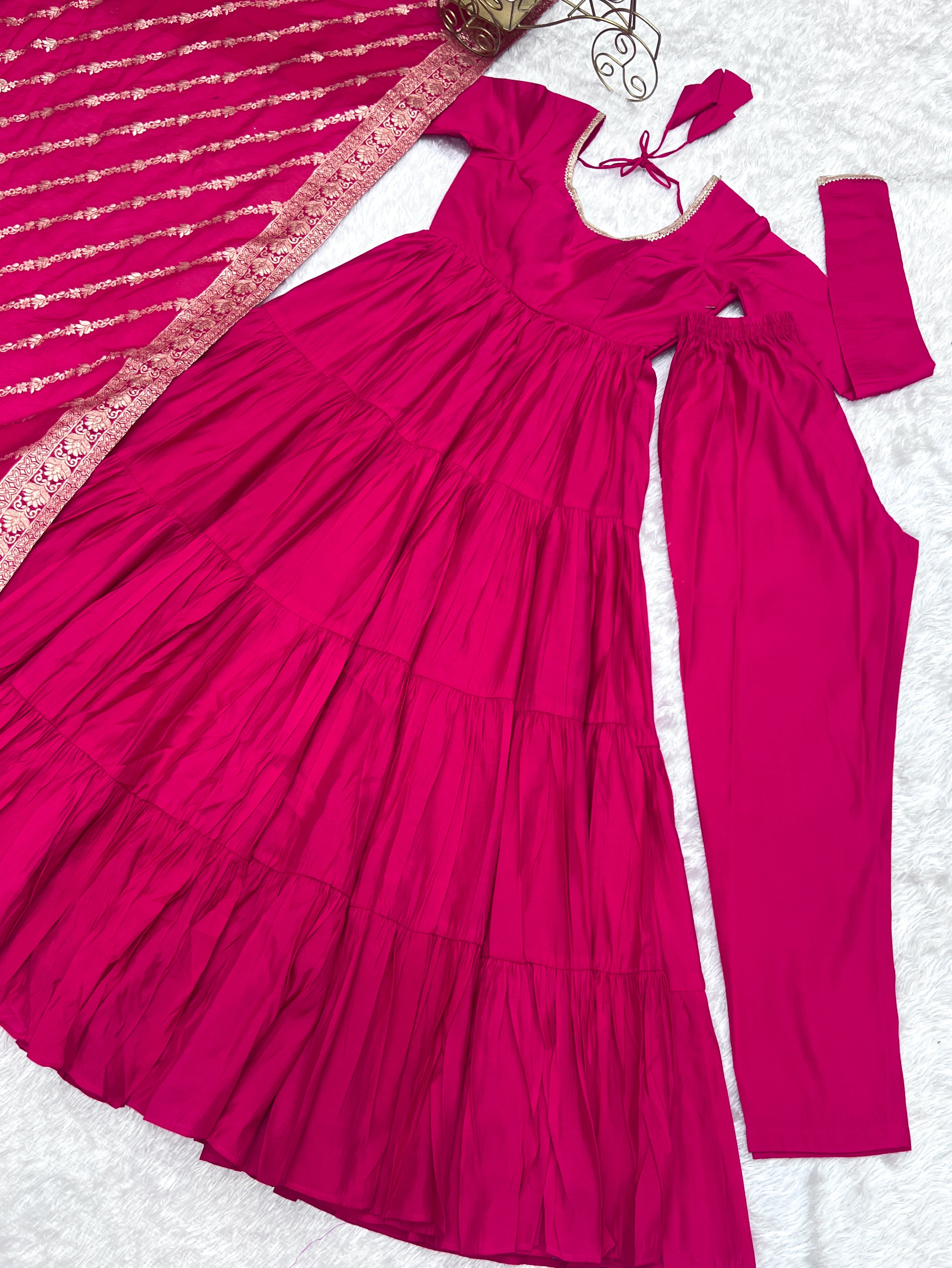 Presenting Pink Color Pure Roman Silk Chanderi Fabric Fully Flair Anarkali Gown With Dupatta