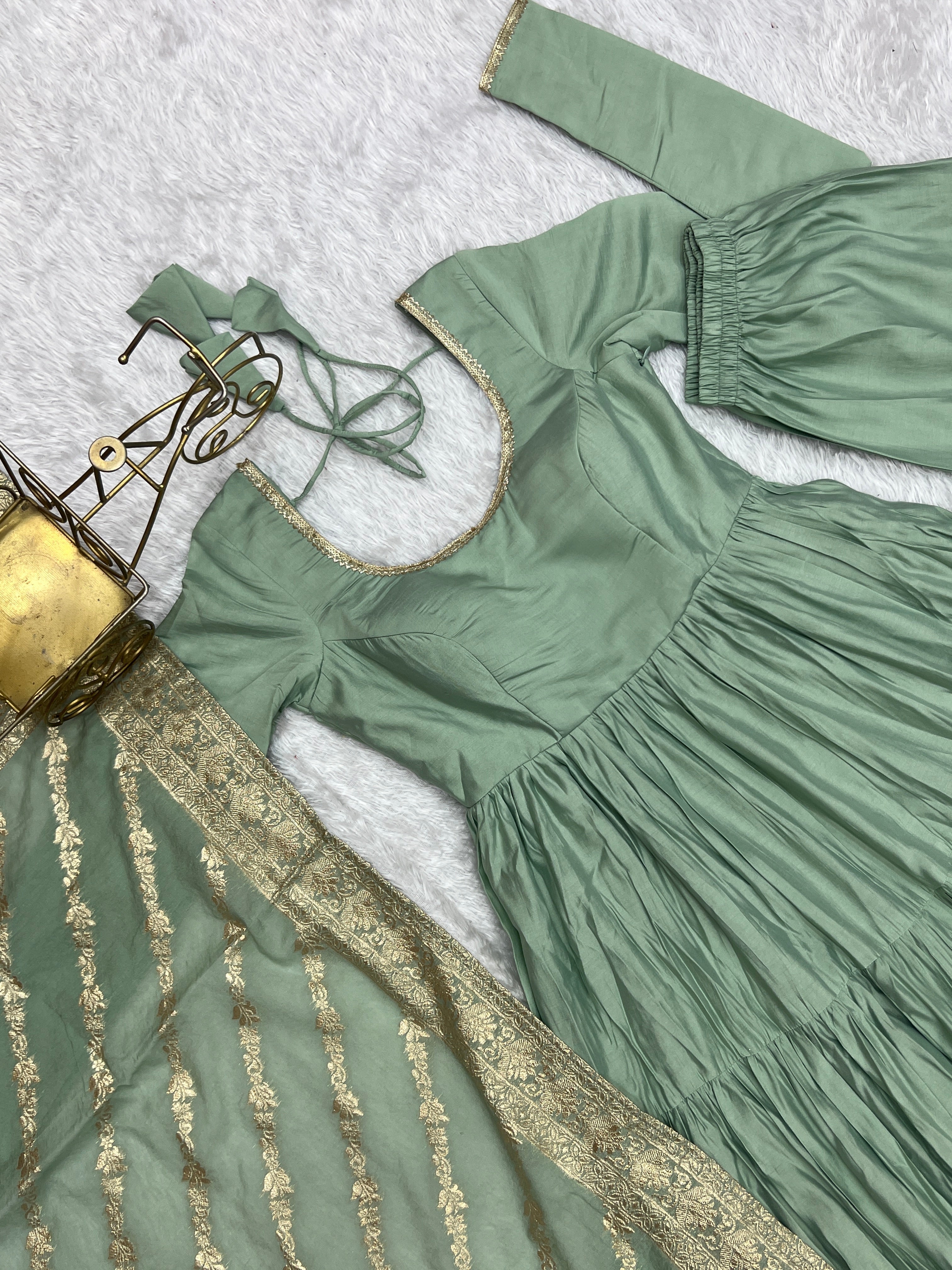 Elegant Pista Color Pure Roman Silk Chanderi Fabric Fully Flair Anarkali Gown With Dupatta