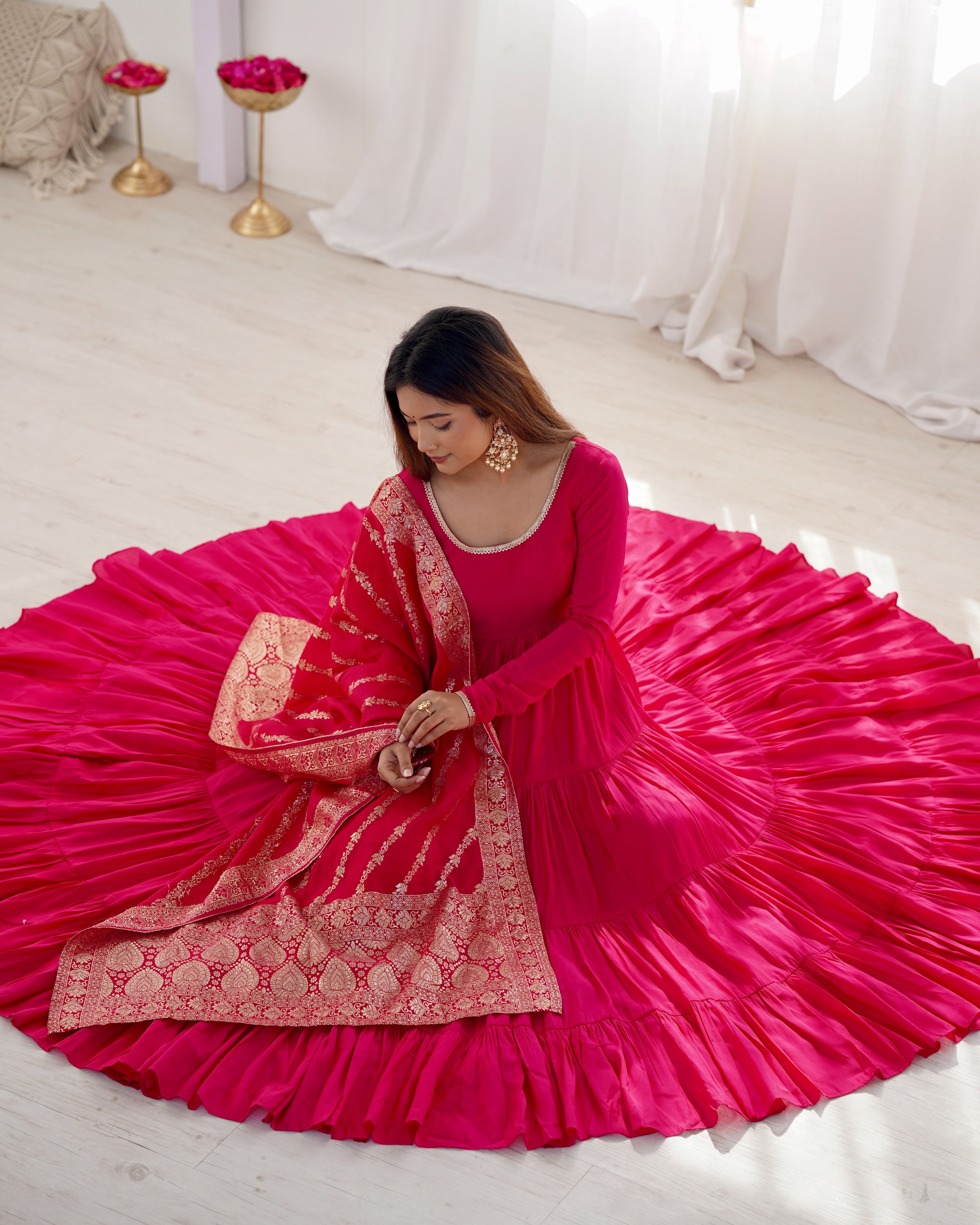 Presenting Pink Color Pure Roman Silk Chanderi Fabric Fully Flair Anarkali Gown With Dupatta