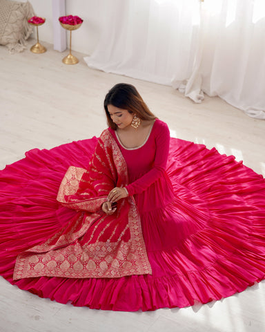 Presenting Pink Color Pure Roman Silk Chanderi Fabric Fully Flair Anarkali Gown With Dupatta