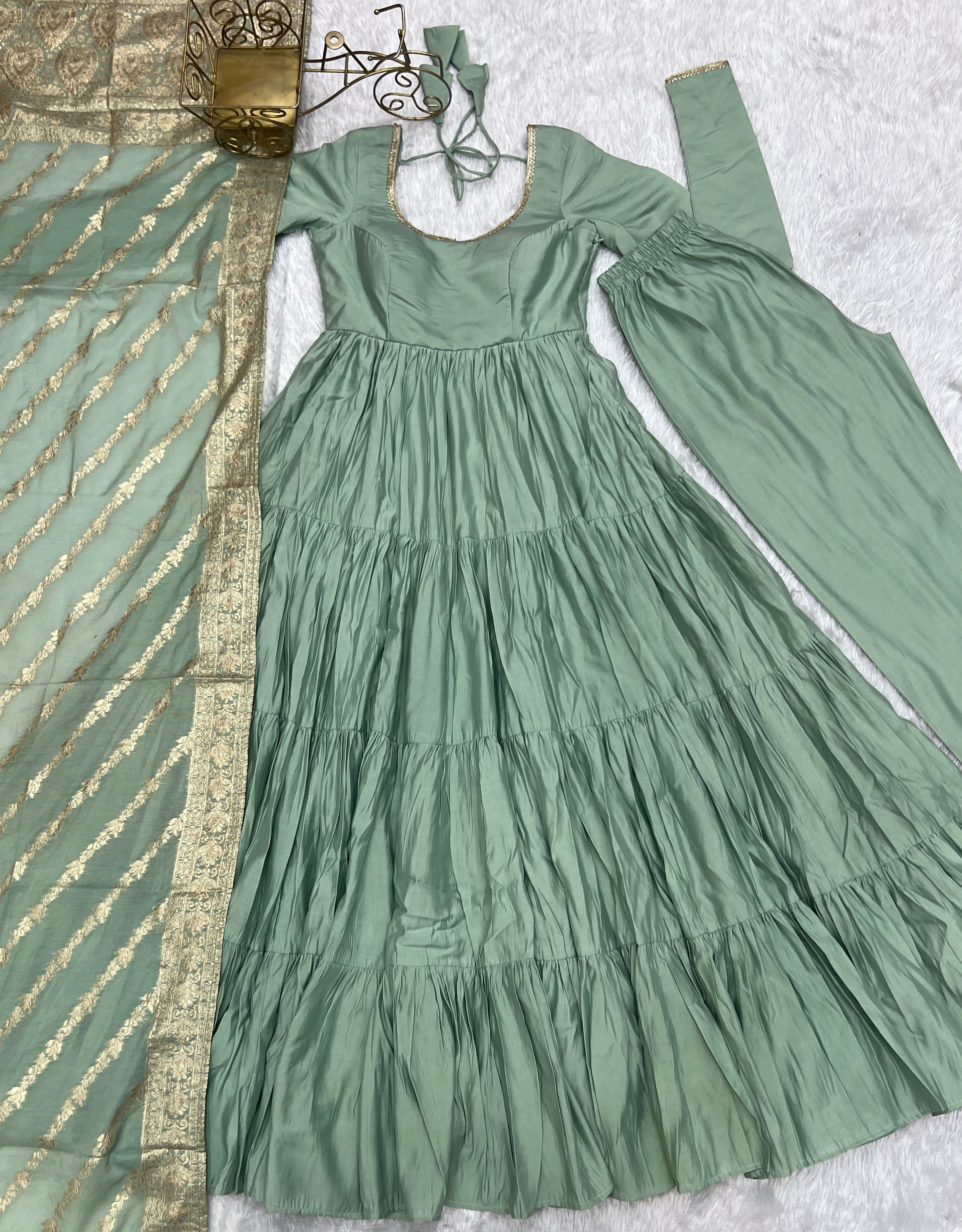 Elegant Pista Color Pure Roman Silk Chanderi Fabric Fully Flair Anarkali Gown With Dupatta