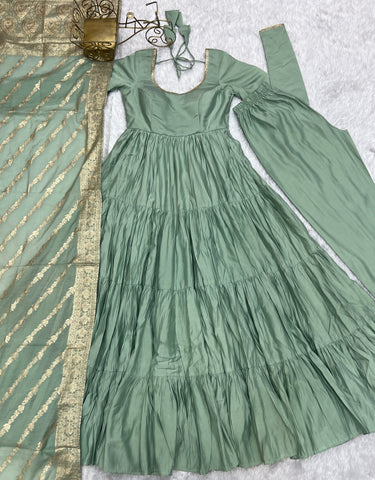 Elegant Pista Color Pure Roman Silk Chanderi Fabric Fully Flair Anarkali Gown With Dupatta