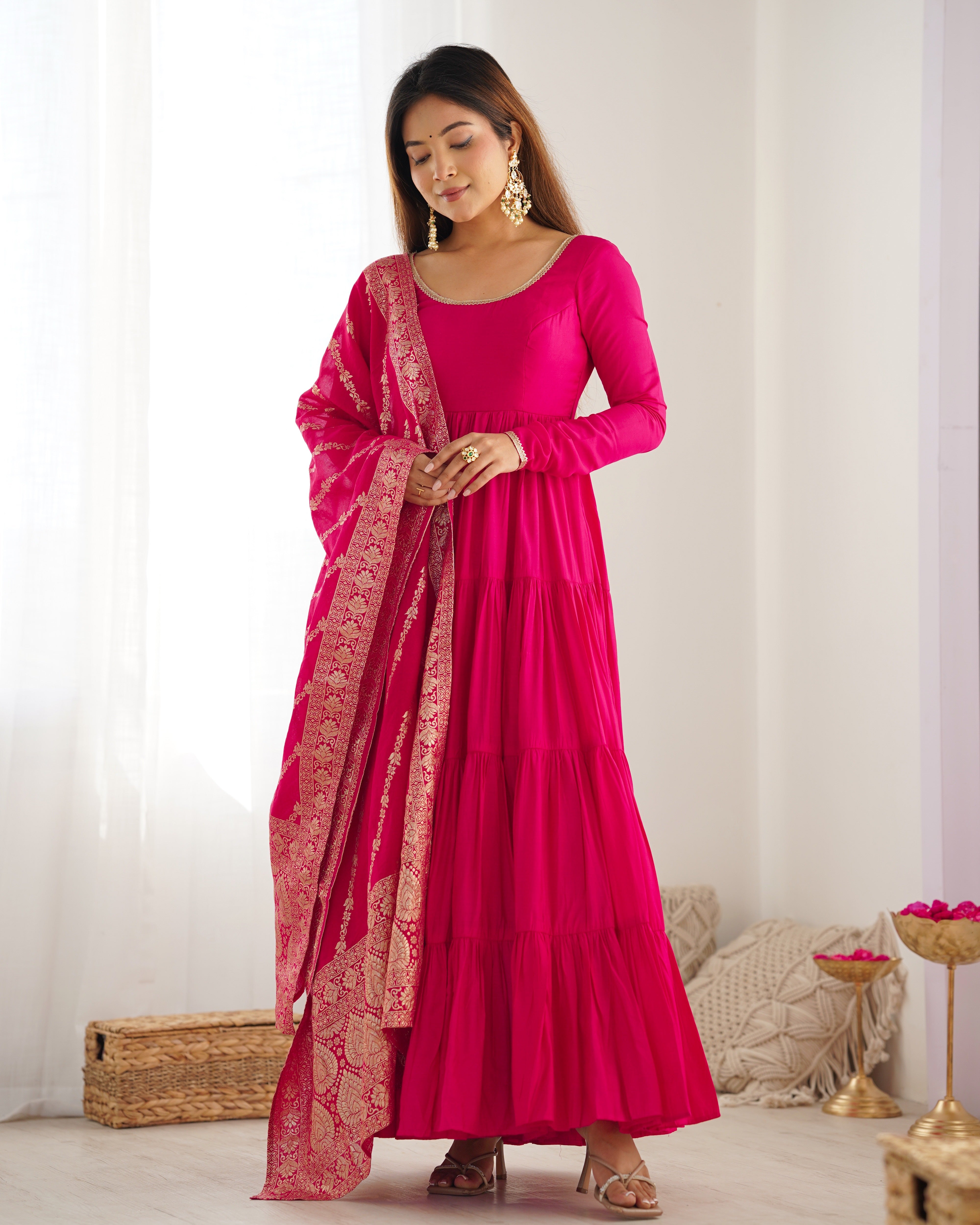 Presenting Pink Color Pure Roman Silk Chanderi Fabric Fully Flair Anarkali Gown With Dupatta