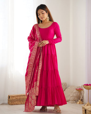 Presenting Pink Color Pure Roman Silk Chanderi Fabric Fully Flair Anarkali Gown With Dupatta