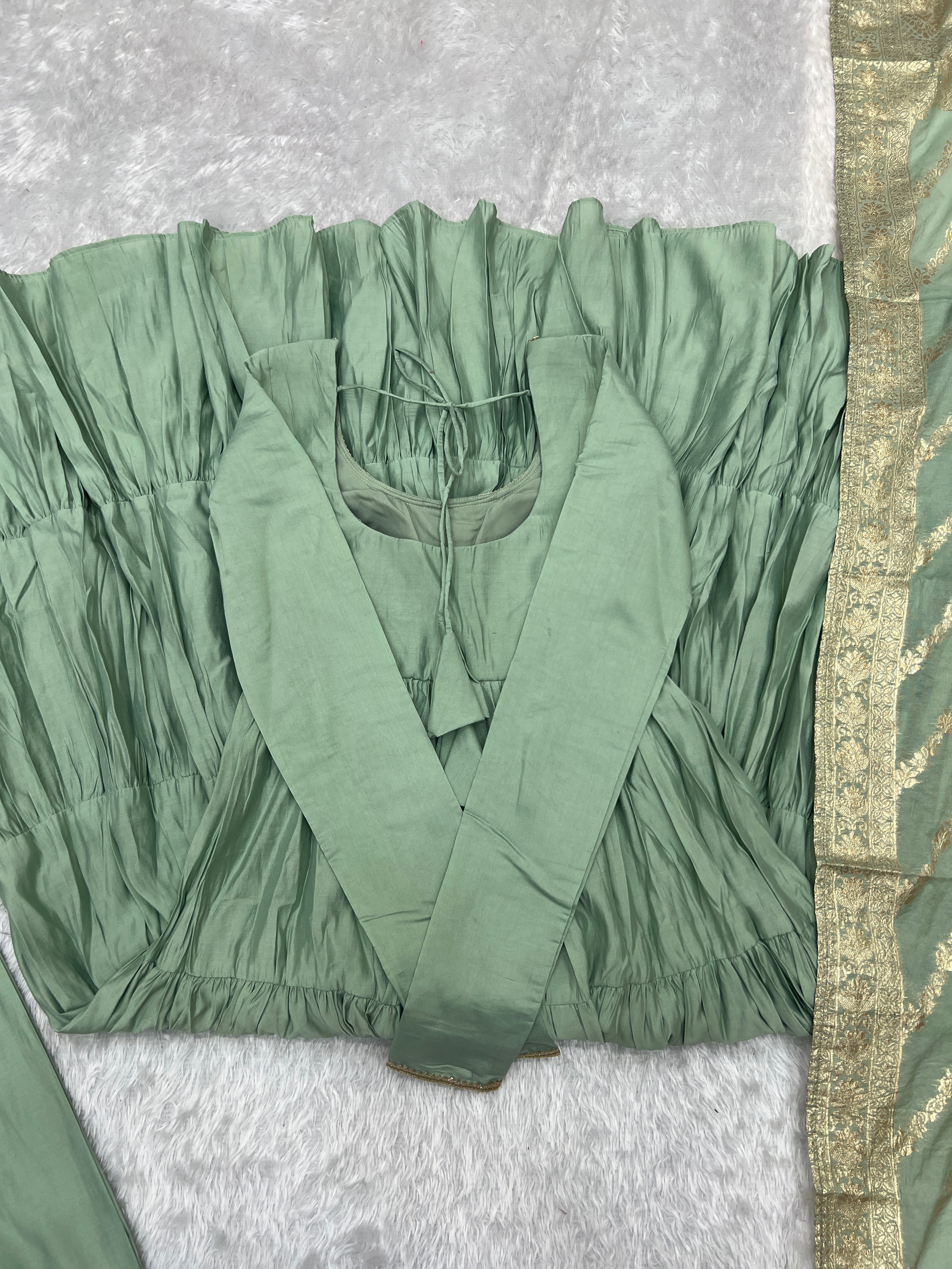 Elegant Pista Color Pure Roman Silk Chanderi Fabric Fully Flair Anarkali Gown With Dupatta