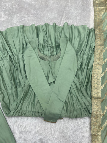 Elegant Pista Color Pure Roman Silk Chanderi Fabric Fully Flair Anarkali Gown With Dupatta