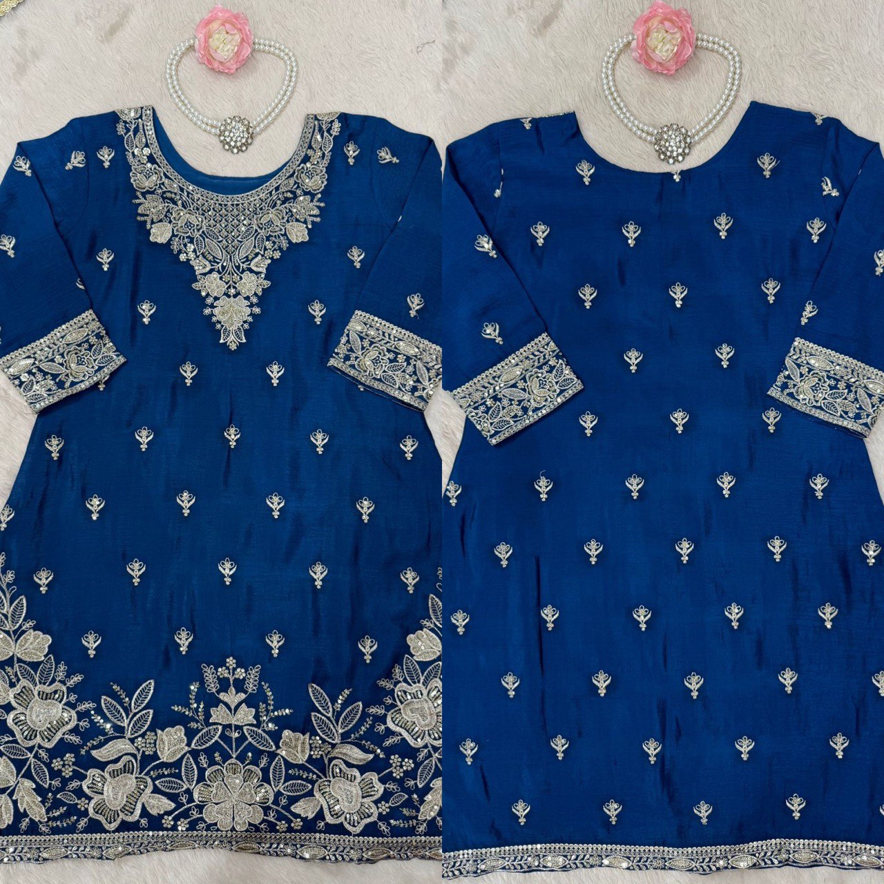 Party Wear Blue Color Heavy Chinon Thread With Sequence Work Sharara Suit