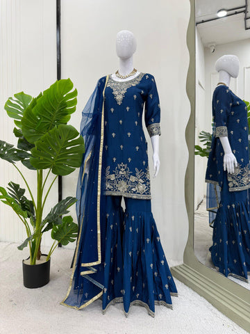 Party Wear Blue Color Heavy Chinon Thread With Sequence Work Sharara Suit