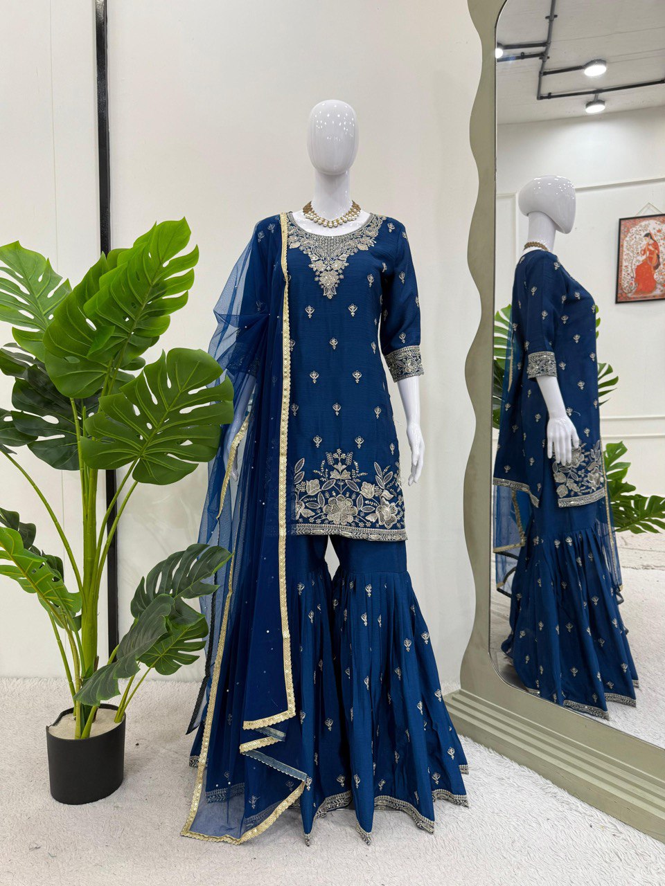 Party Wear Blue Color Heavy Chinon Thread With Sequence Work Sharara Suit