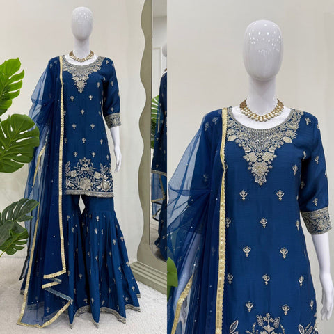 Party Wear Blue Color Heavy Chinon Thread With Sequence Work Sharara Suit
