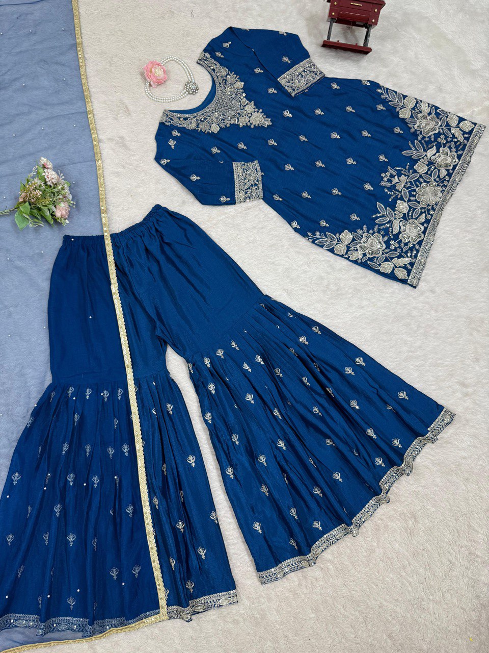Party Wear Blue Color Heavy Chinon Thread With Sequence Work Sharara Suit