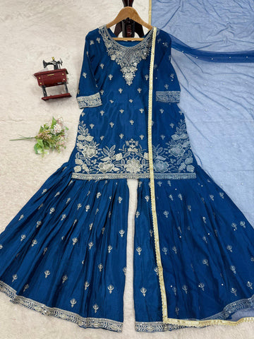 Party Wear Blue Color Heavy Chinon Thread With Sequence Work Sharara Suit
