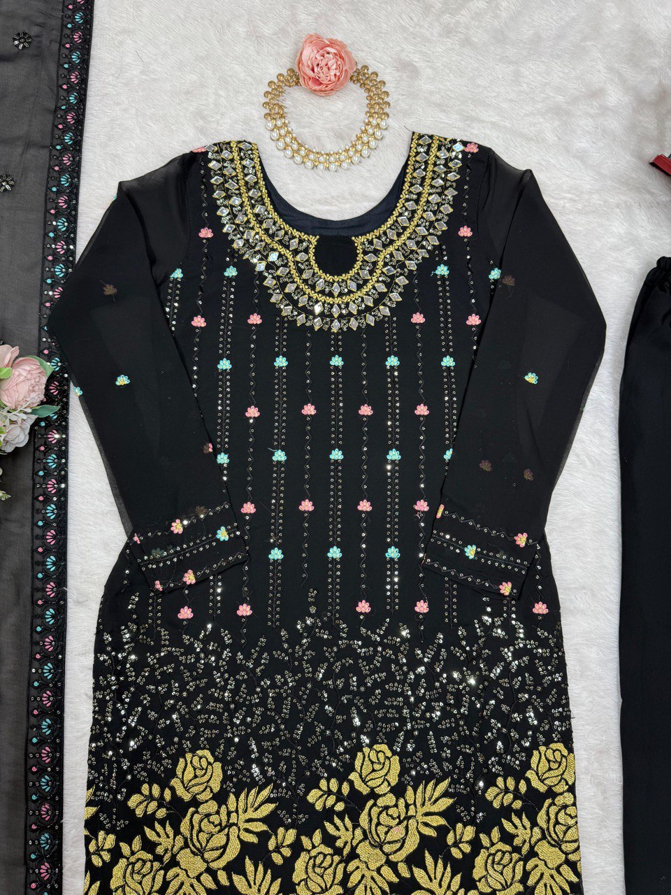 Bollywood Wear Black Color Faux Georgette Thread And Sequence Work Salwar Suit