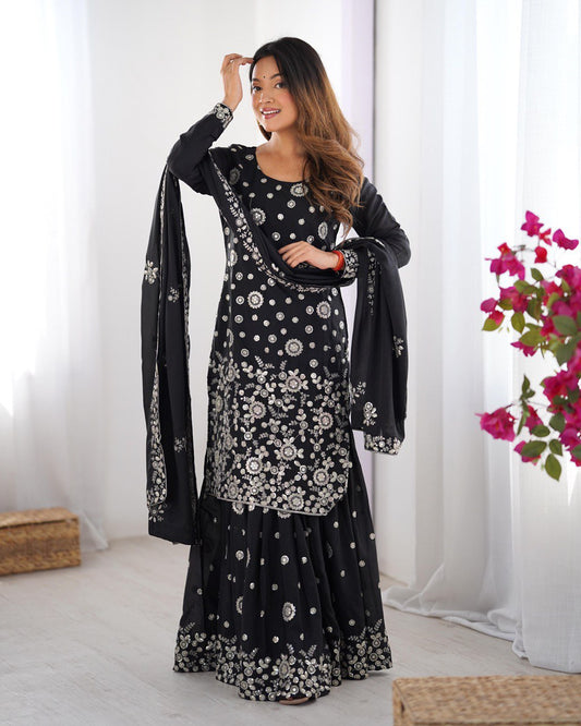 Ceremony Wear Black Star Georgette Thread With Sequence Work Sharara Suit