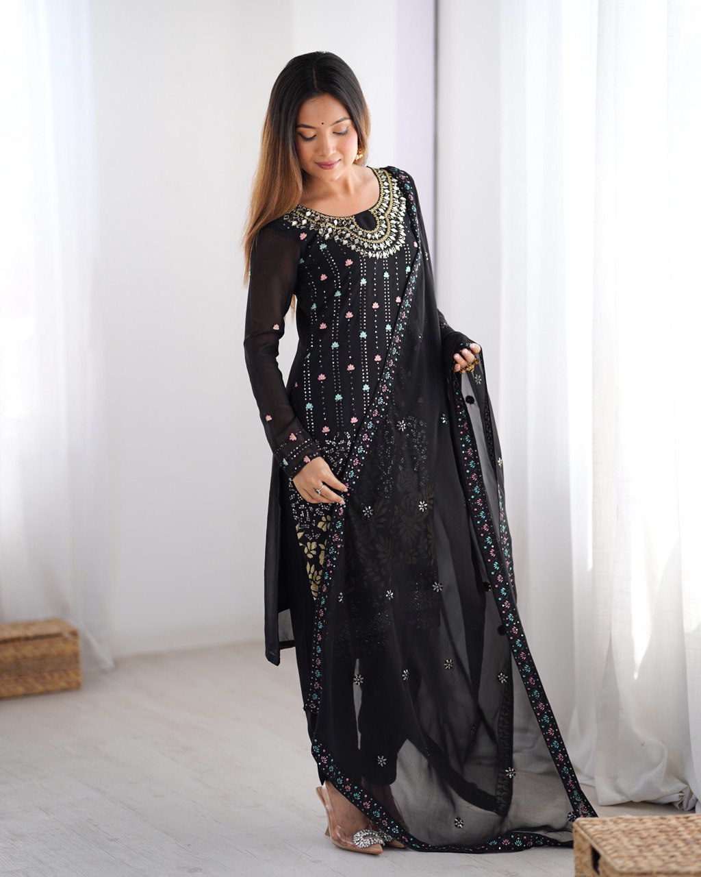 Bollywood Wear Black Color Faux Georgette Thread And Sequence Work Salwar Suit