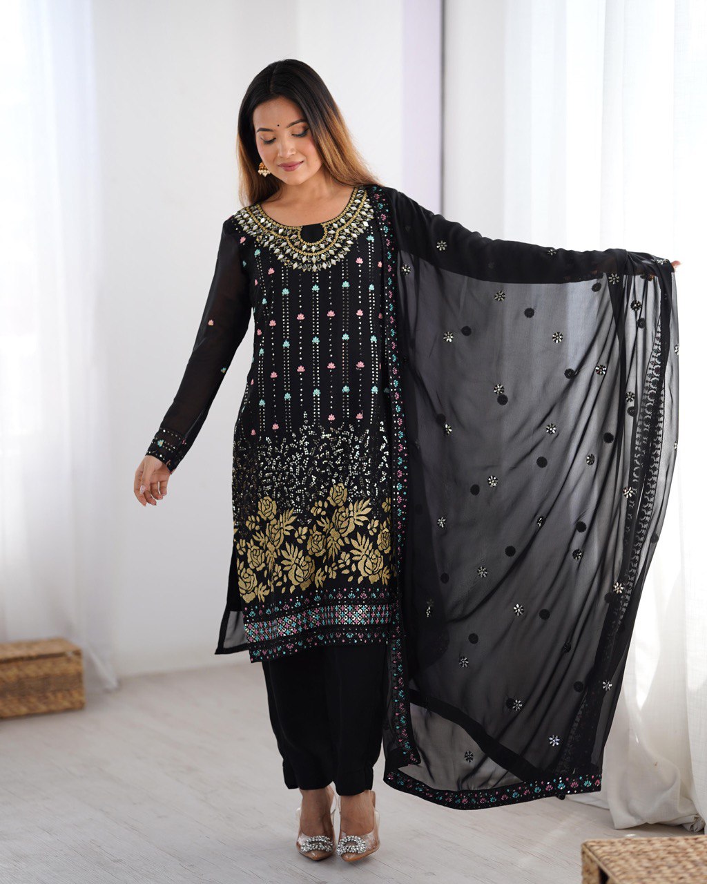 Bollywood Wear Black Color Faux Georgette Thread And Sequence Work Salwar Suit