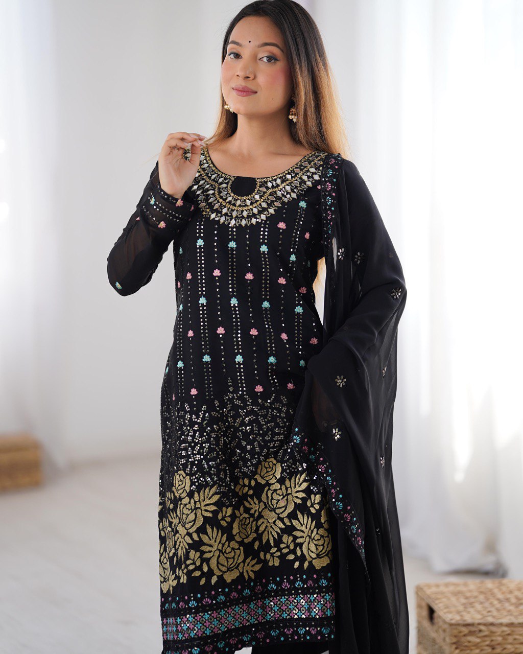 Bollywood Wear Black Color Faux Georgette Thread And Sequence Work Salwar Suit