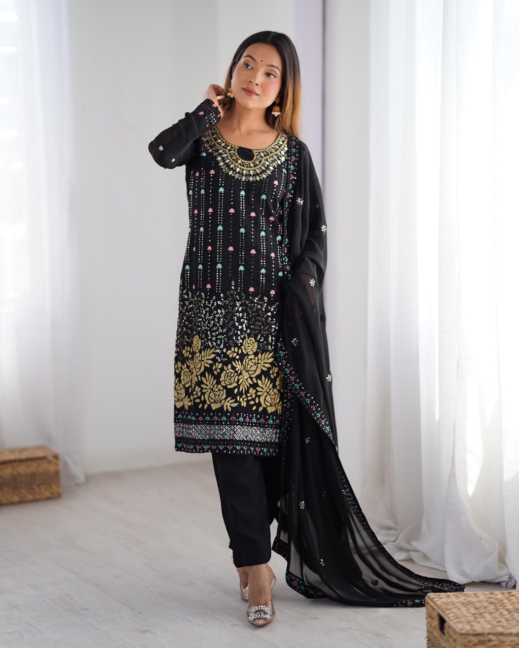 Bollywood Wear Black Color Faux Georgette Thread And Sequence Work Salwar Suit