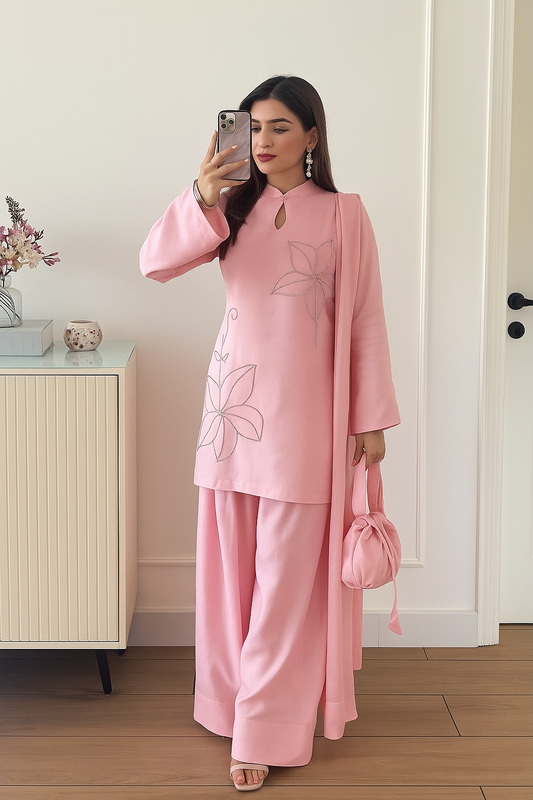 Beautiful Light Pink Color Jharkhand Diamond Work Crepe Silk Suit Set – Fully Stitched Top, Farshi Pant & Dupatta