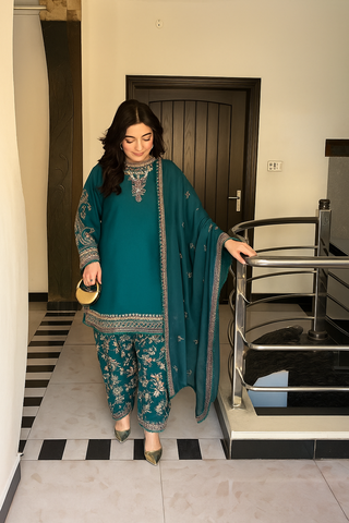 Beautiful Green Color Faux Georgette Panjabi Dhoti Suit Set with Embroidered Top & Dupatta