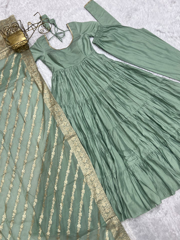 Elegant Pista Color Pure Roman Silk Chanderi Fabric Fully Flair Anarkali Gown With Dupatta