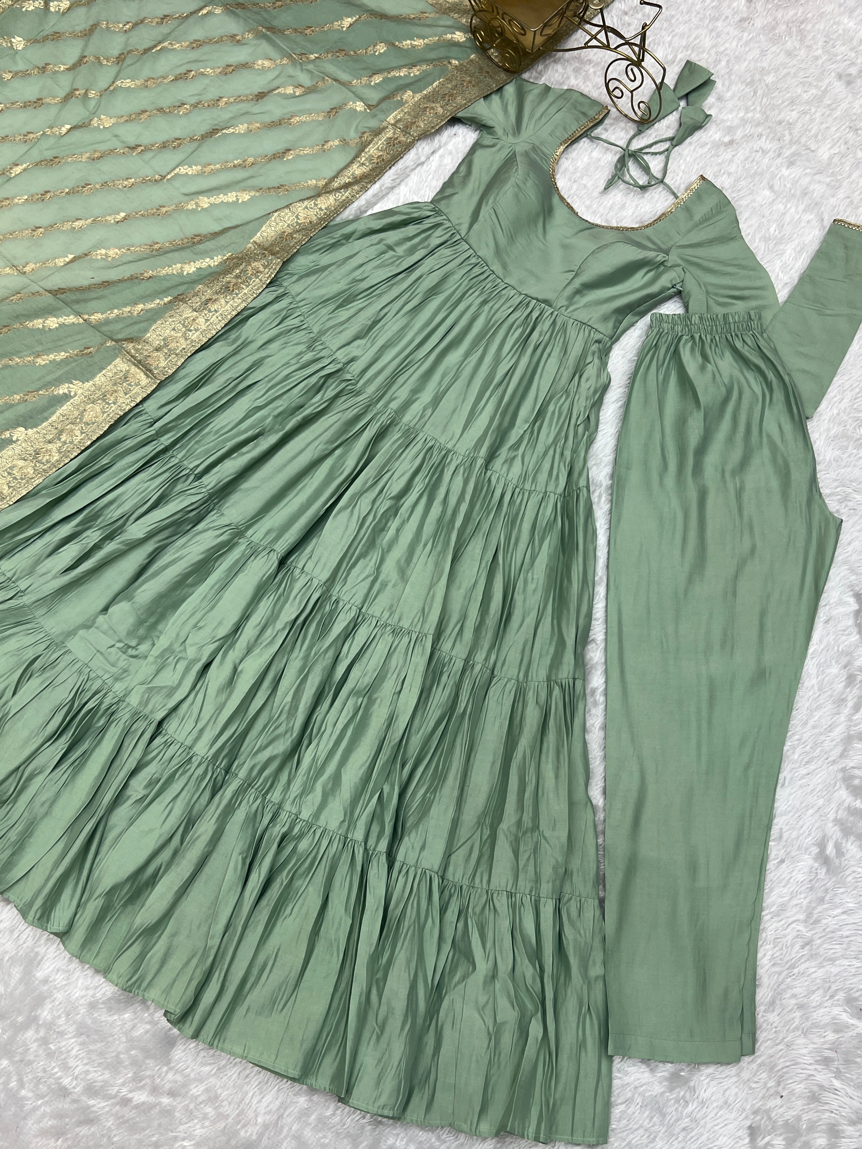 Elegant Pista Color Pure Roman Silk Chanderi Fabric Fully Flair Anarkali Gown With Dupatta
