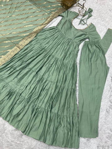 Elegant Pista Color Pure Roman Silk Chanderi Fabric Fully Flair Anarkali Gown With Dupatta