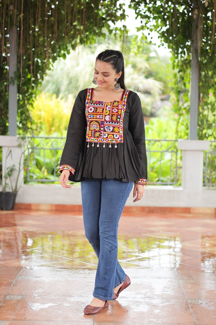 Special Design Black Color Kutchi Gamthi Embroidery Navratri Top