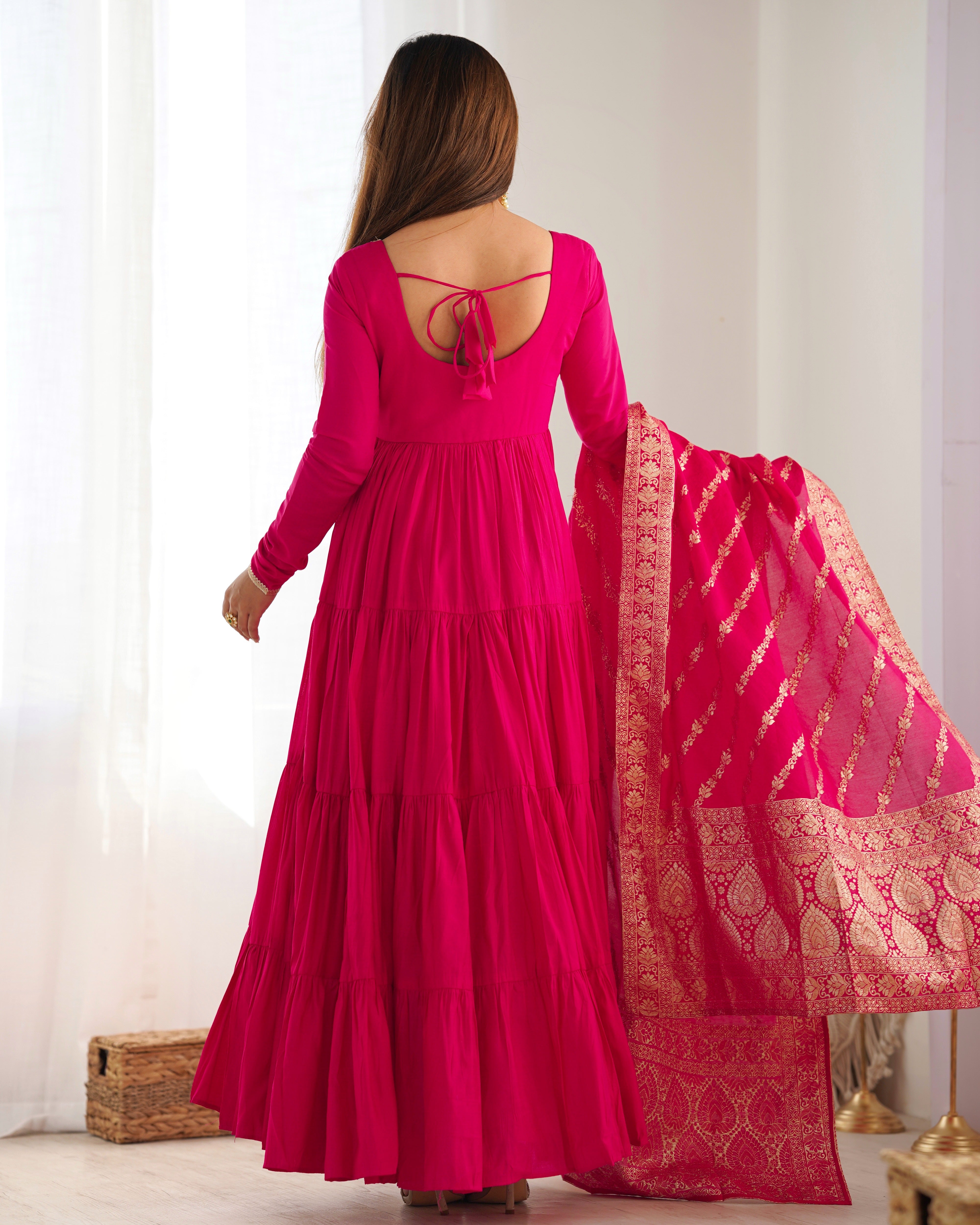 Presenting Pink Color Pure Roman Silk Chanderi Fabric Fully Flair Anarkali Gown With Dupatta
