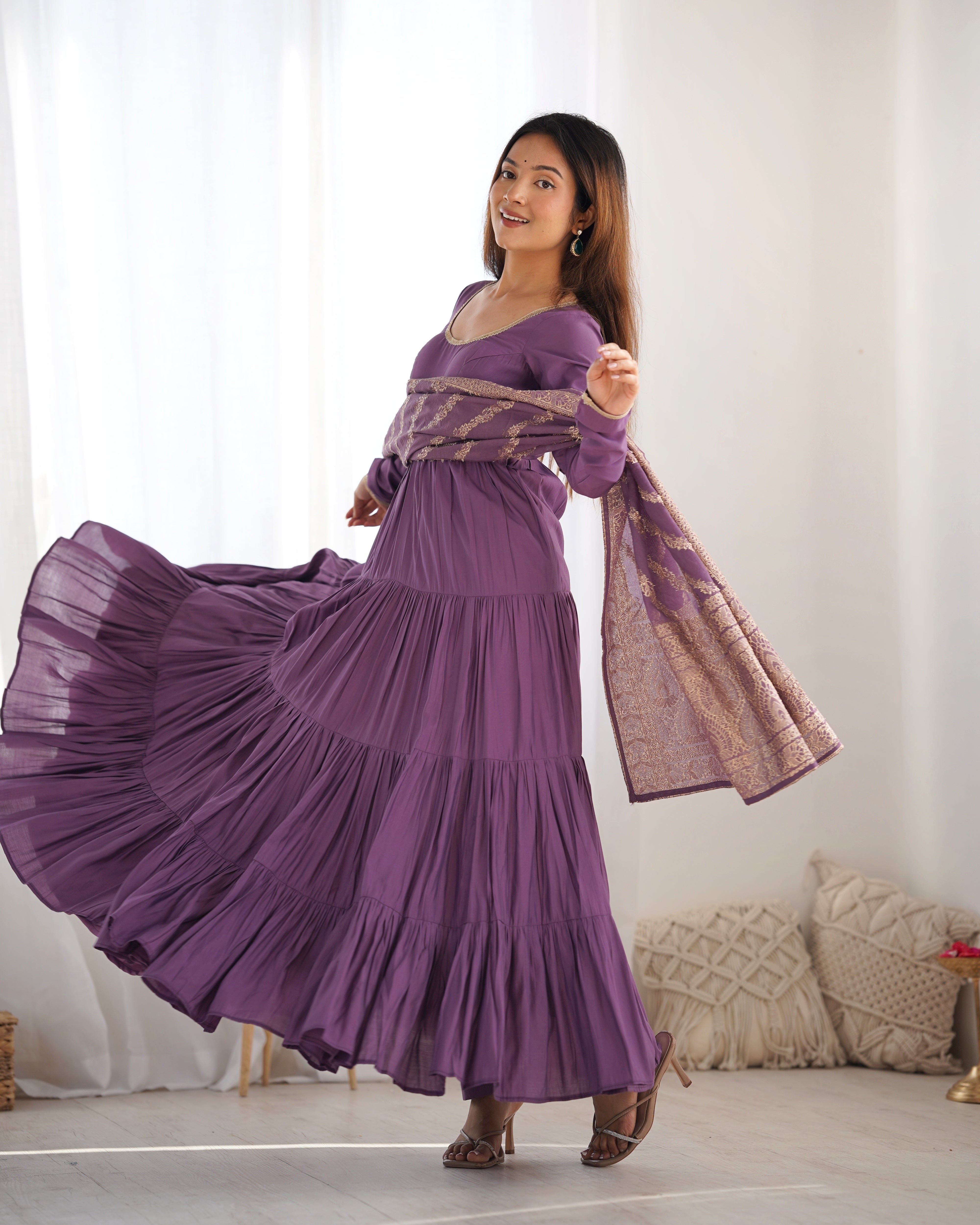 Blissful Purple Color Pure Roman Silk Chanderi Fabric Fully Flair Anarkali Gown With Dupatta