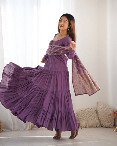 Blissful Purple Color Pure Roman Silk Chanderi Fabric Fully Flair Anarkali Gown With Dupatta