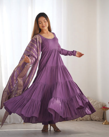 Blissful Purple Color Pure Roman Silk Chanderi Fabric Fully Flair Anarkali Gown With Dupatta