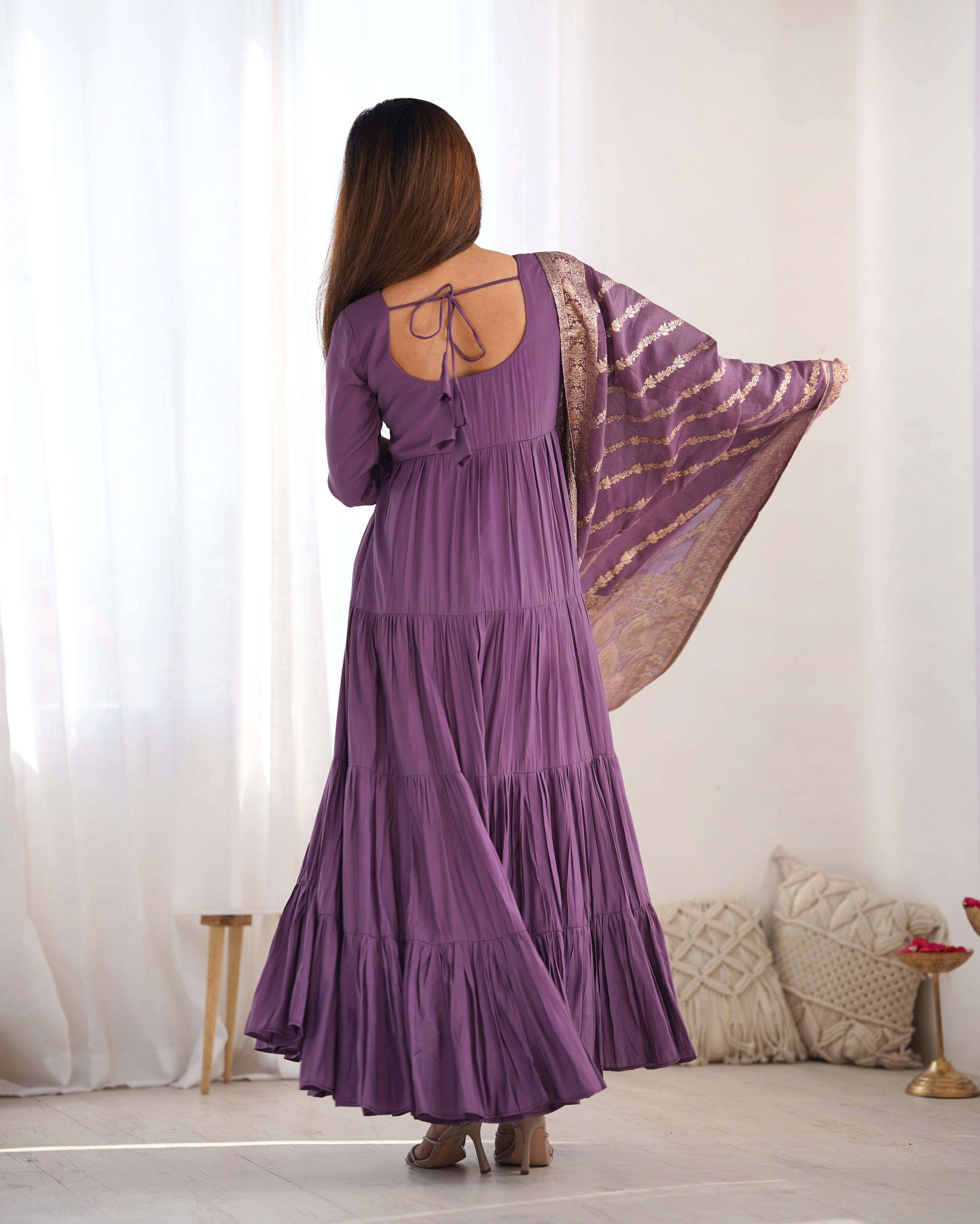 Blissful Purple Color Pure Roman Silk Chanderi Fabric Fully Flair Anarkali Gown With Dupatta