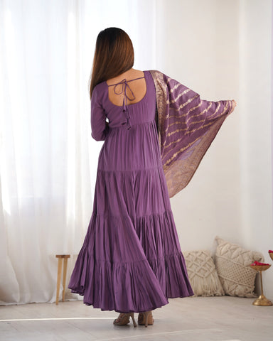 Blissful Purple Color Pure Roman Silk Chanderi Fabric Fully Flair Anarkali Gown With Dupatta