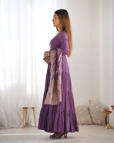 Blissful Purple Color Pure Roman Silk Chanderi Fabric Fully Flair Anarkali Gown With Dupatta