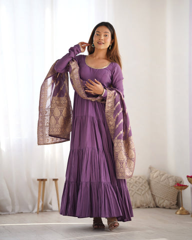 Blissful Purple Color Pure Roman Silk Chanderi Fabric Fully Flair Anarkali Gown With Dupatta