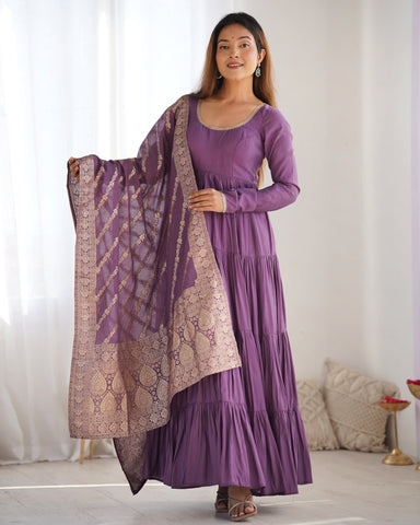 Blissful Purple Color Pure Roman Silk Chanderi Fabric Fully Flair Anarkali Gown With Dupatta