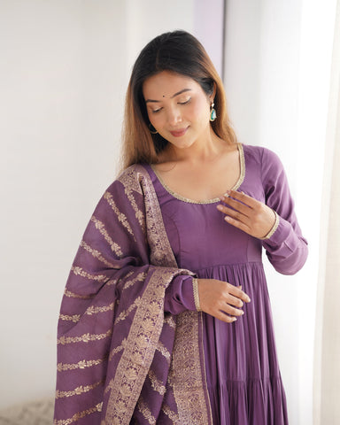 Blissful Purple Color Pure Roman Silk Chanderi Fabric Fully Flair Anarkali Gown With Dupatta