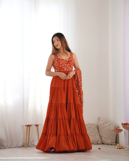 Reception Wear Orange Color Heavy Pure Soft Faux Georgette Designer Gown