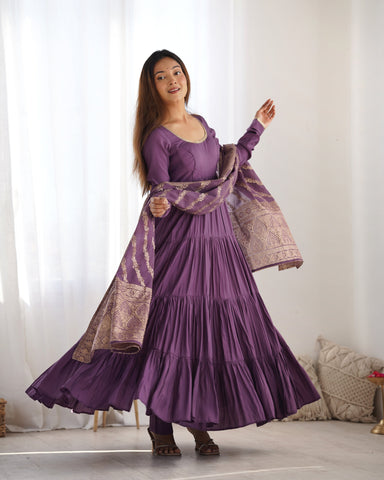 Blissful Purple Color Pure Roman Silk Chanderi Fabric Fully Flair Anarkali Gown With Dupatta