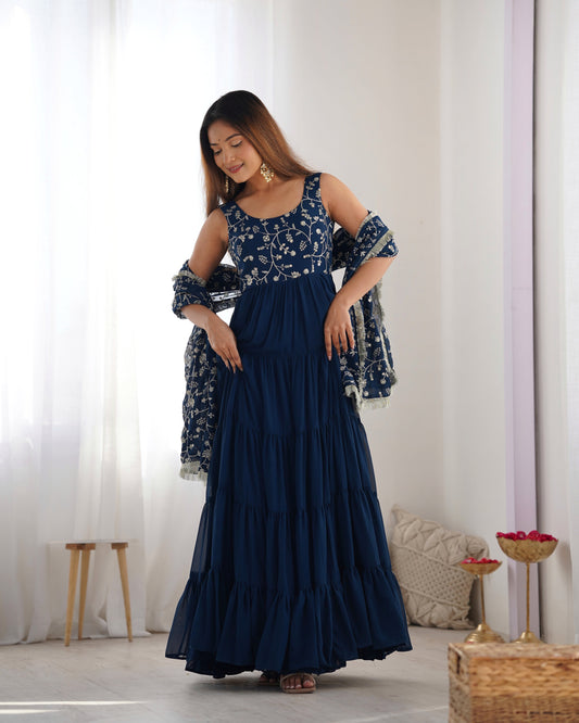 Reception Wear Navy Blue Color Heavy Pure Soft Faux Georgette Designer Gown