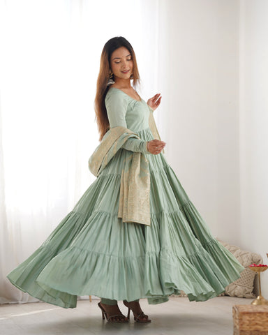Elegant Pista Color Pure Roman Silk Chanderi Fabric Fully Flair Anarkali Gown With Dupatta