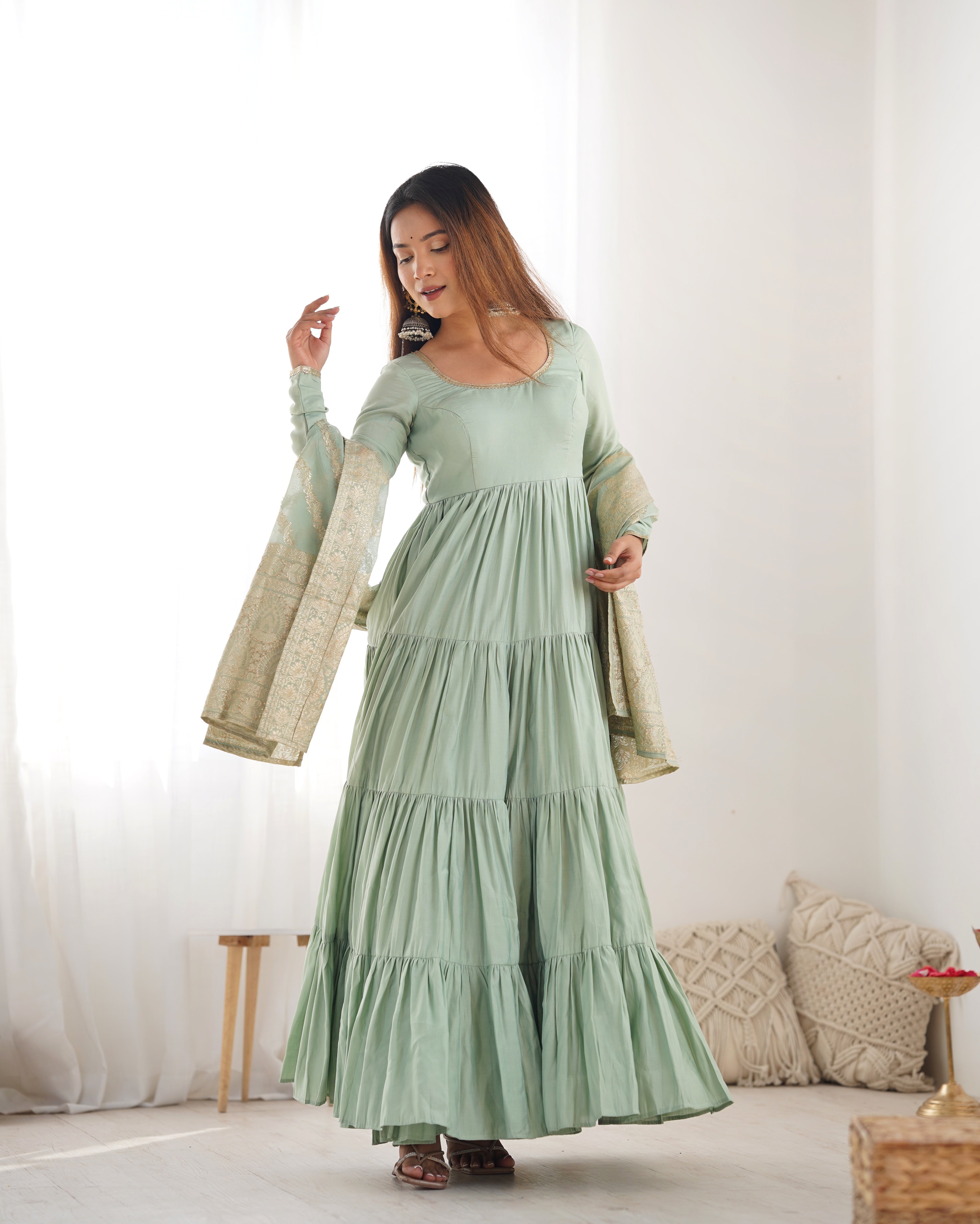 Elegant Pista Color Pure Roman Silk Chanderi Fabric Fully Flair Anarkali Gown With Dupatta